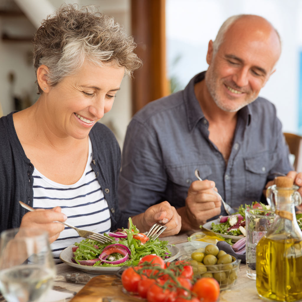 Middle-aged adults enjoying healthy Mediterranean meal with fresh vegetables and olive oil