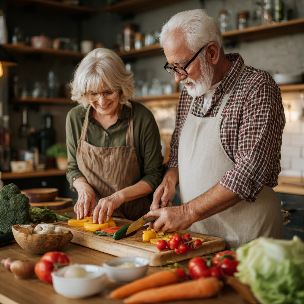 Older adults preparing nutritious meal together in bright kitchen with fresh ingredients